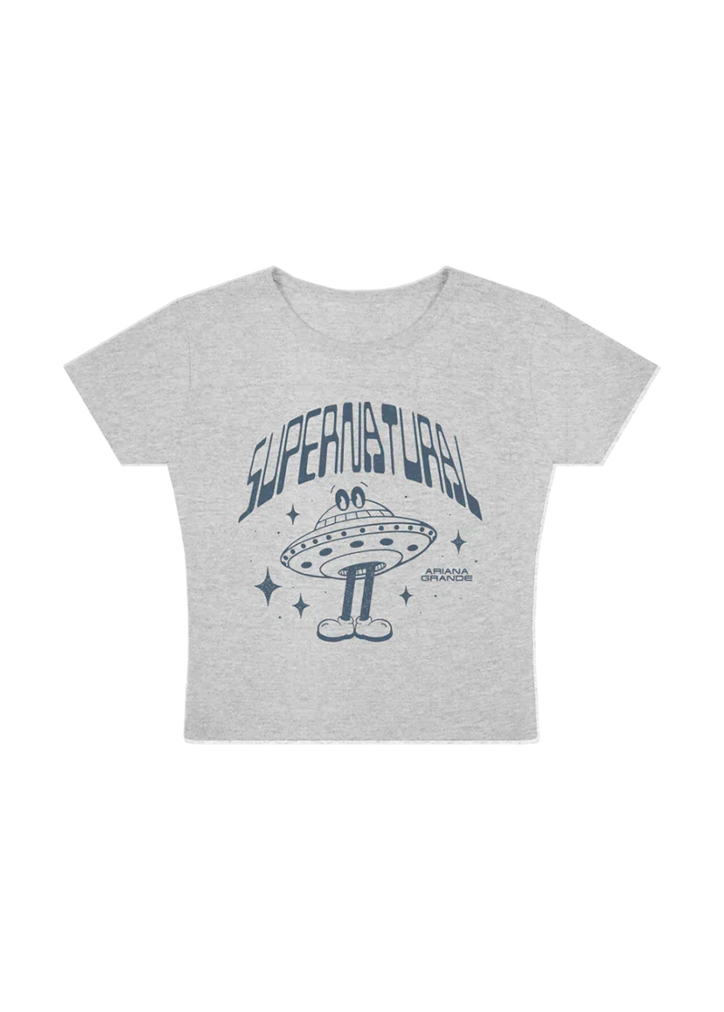 Ariana Grande supernatural grey baby t-shirt featuring retro UFO graphic and cosmic inspired artwork front view