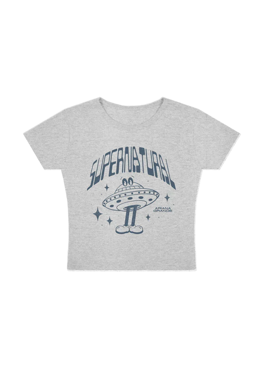 Ariana Grande supernatural grey baby t-shirt featuring retro UFO graphic and cosmic inspired artwork front view