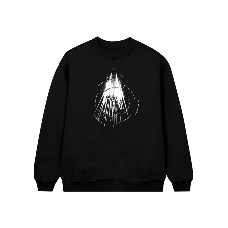 Ariana Grande supernatural black crewneck sweatshirt with celestial beam graphic and futuristic artwork front view