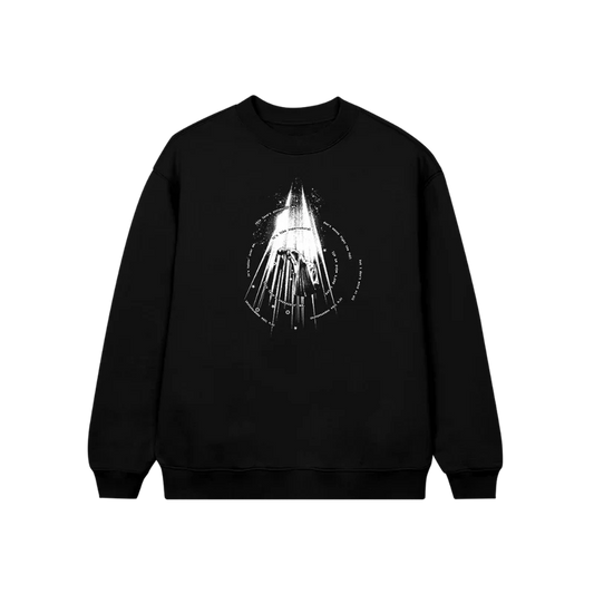 Ariana Grande supernatural black crewneck sweatshirt with celestial beam graphic and futuristic artwork front view