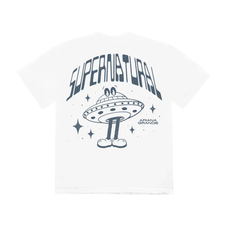 Back view of Ariana Grande Supernatural white t-shirt with retro UFO graphic and dreamy cosmic-inspired artwork