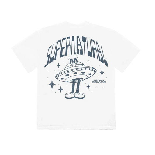 Back view of Ariana Grande Supernatural white t-shirt with retro UFO graphic and dreamy cosmic-inspired artwork