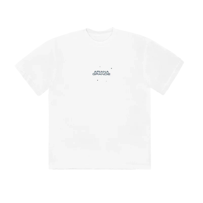 Front view of Ariana Grande Supernatural white t-shirt with minimalist logo print and celestial star details