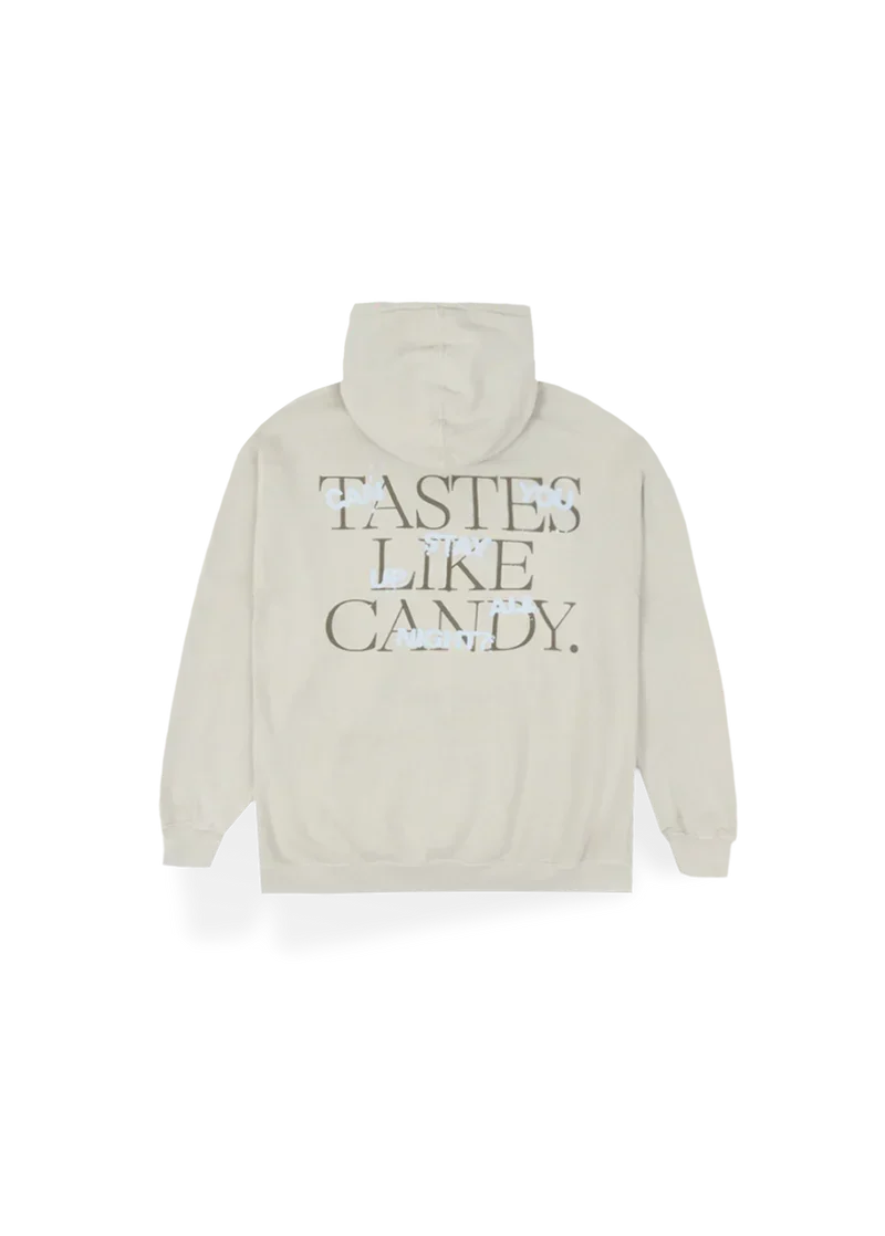Cream Ariana Grande Tastes Like Candy hoodie back view with oversized reflective text graphic design