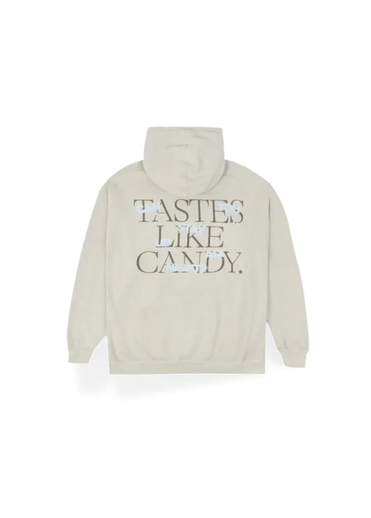 Cream Ariana Grande Tastes Like Candy hoodie back view with oversized reflective text graphic design