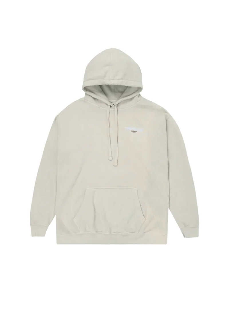 Cream Ariana Grande hoodie front view with minimalist 34+35 positions era chest logo graphic
