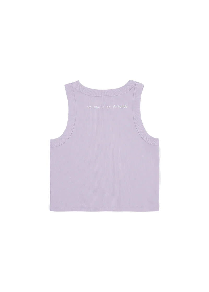 Ariana Grande lavender ribbed tank top with we can't be friends text graphic back view