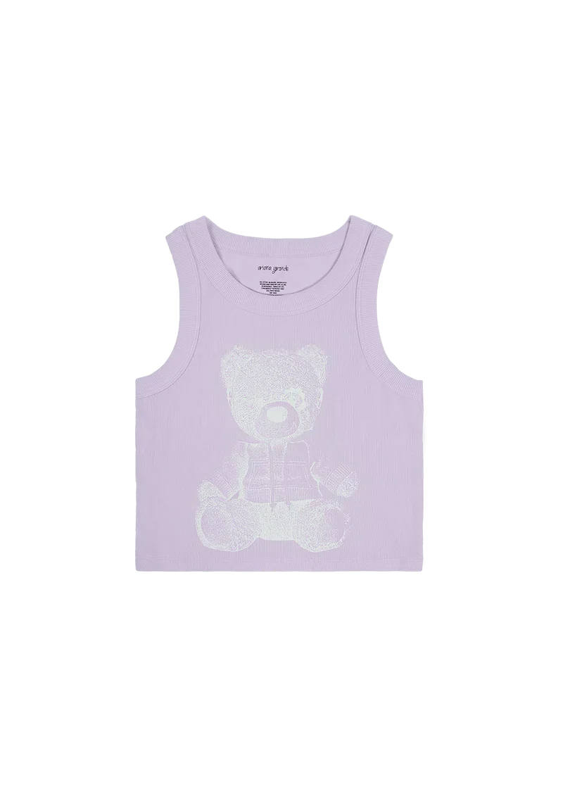 Ariana Grande lavender ribbed tank top with reflective teddy bear graphic and fitted cropped style front