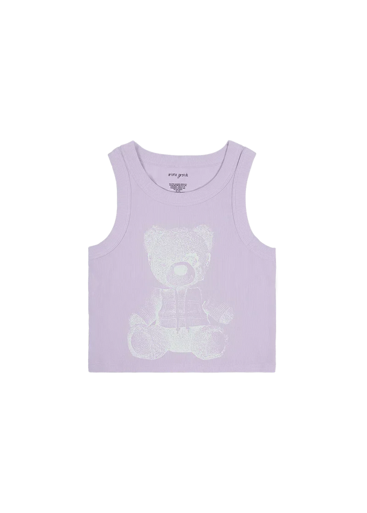 Ariana Grande lavender ribbed tank top with reflective teddy bear graphic and fitted cropped style front