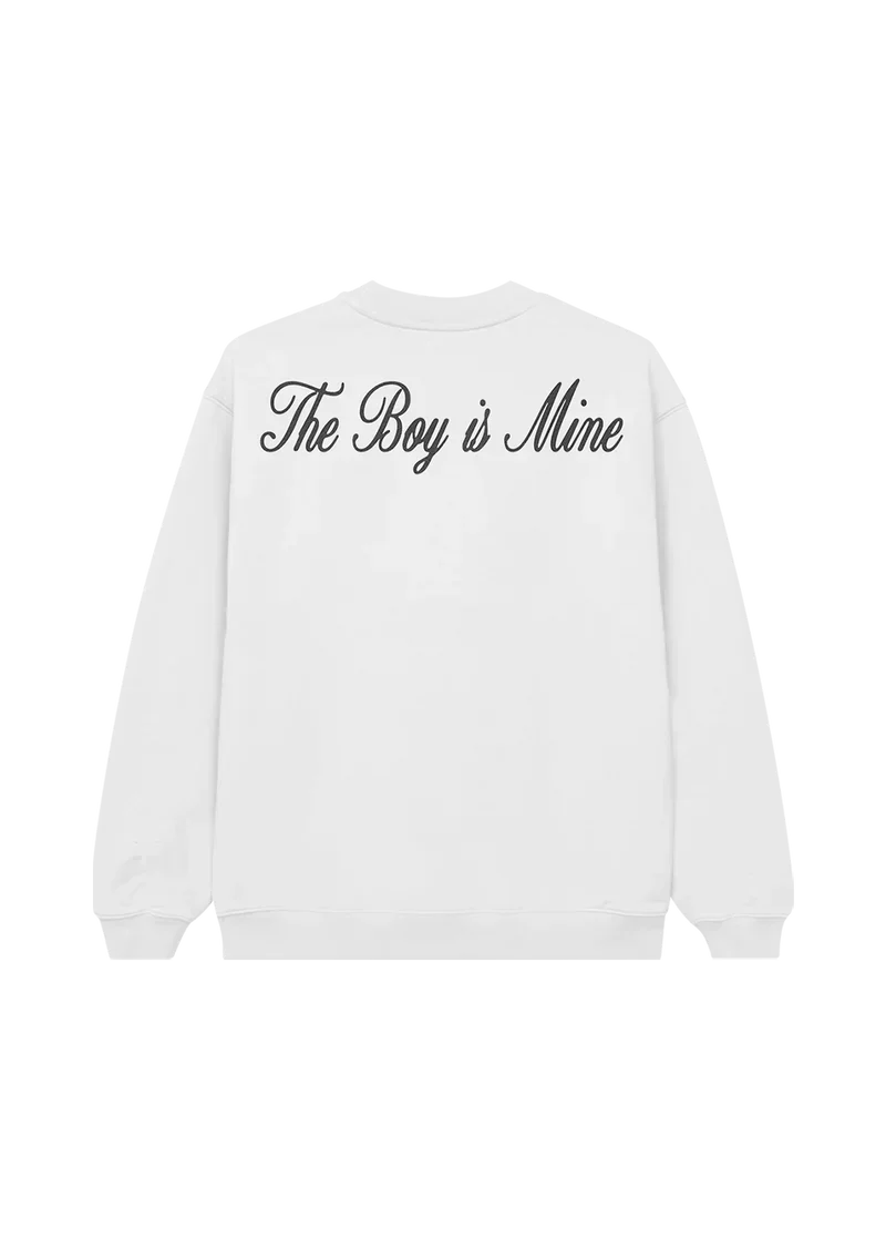 Back view of Ariana Grande The Boy Is Mine white crewneck featuring elegant oversized script typography graphic