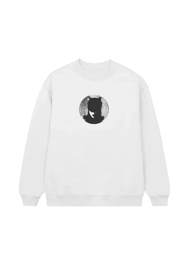 White Ariana Grande The Boy Is Mine crewneck with monochrome silhouette graphic and minimalist eternal sunshine aesthetic