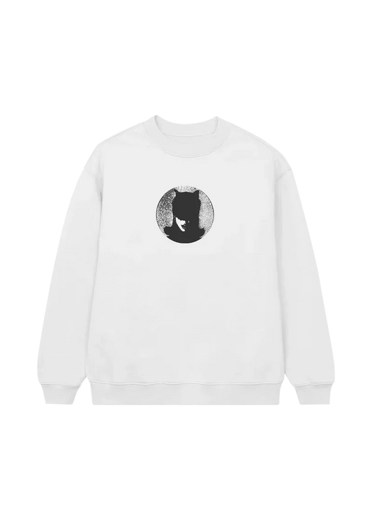 White Ariana Grande The Boy Is Mine crewneck with monochrome silhouette graphic and minimalist eternal sunshine aesthetic