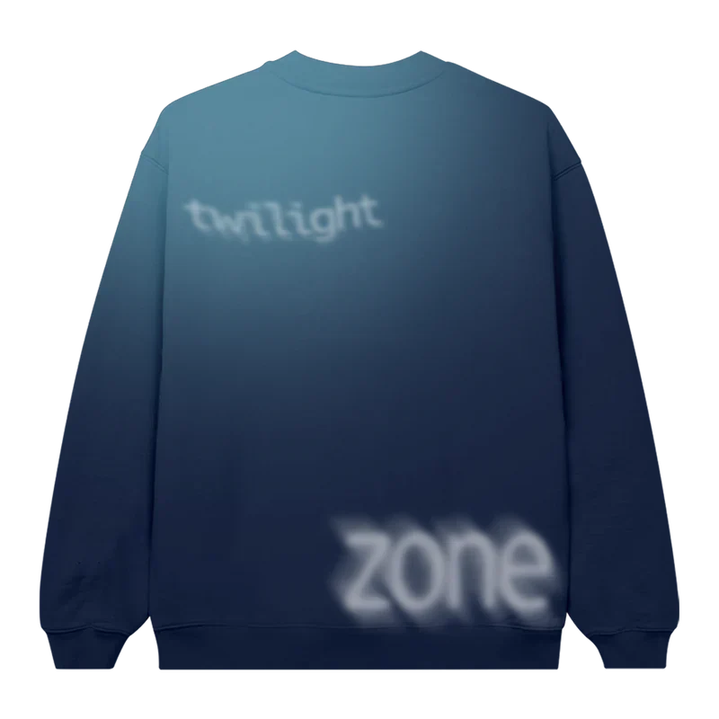 Back view of Ariana Grande Twilight Zone blur crewneck featuring dreamy faded typography on blue ombre oversized sweatshirt