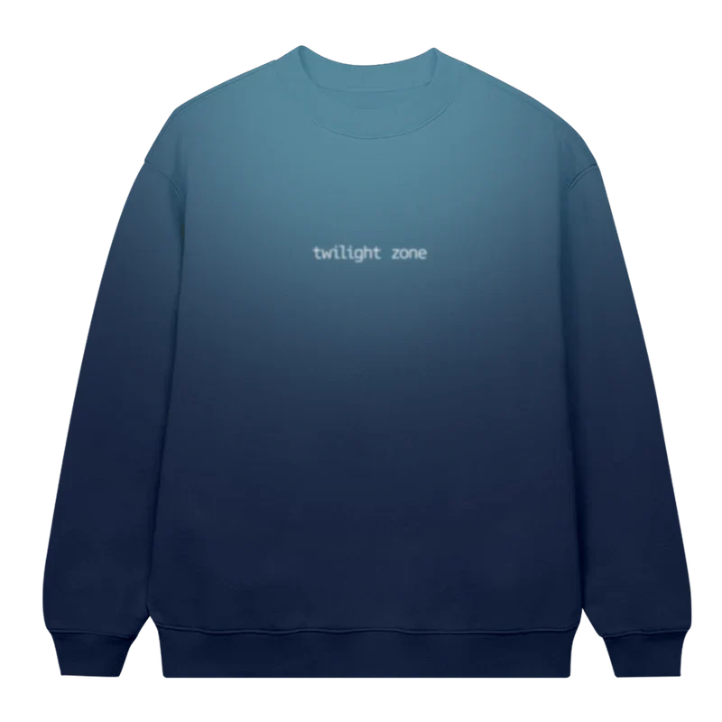 Blue gradient Ariana Grande Twilight Zone blur crewneck with soft glowing text graphic and oversized cozy sweatshirt fit
