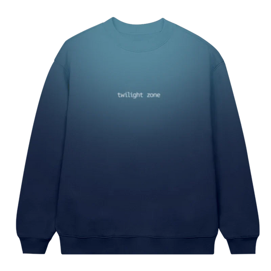 Blue gradient Ariana Grande Twilight Zone blur crewneck with soft glowing text graphic and oversized cozy sweatshirt fit