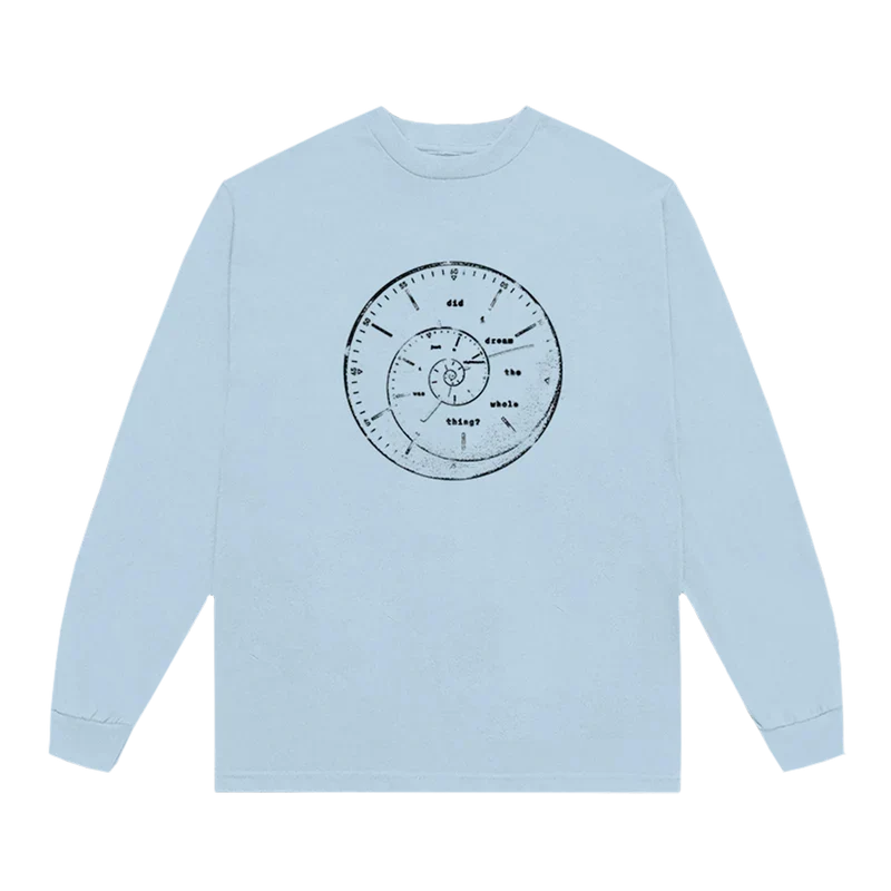 Light blue Ariana Grande Twilight Zone long sleeve shirt with minimalist clock graphic and dreamy retro design