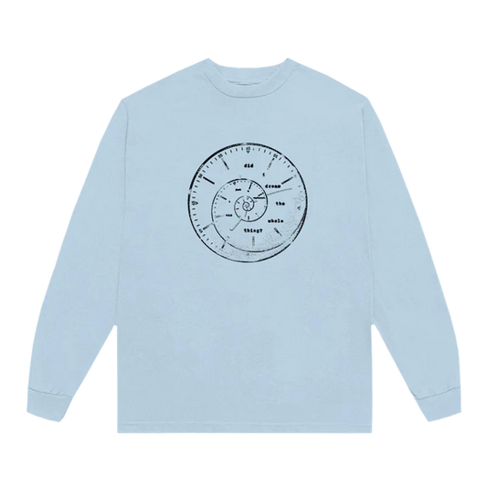Light blue Ariana Grande Twilight Zone long sleeve shirt with minimalist clock graphic and dreamy retro design