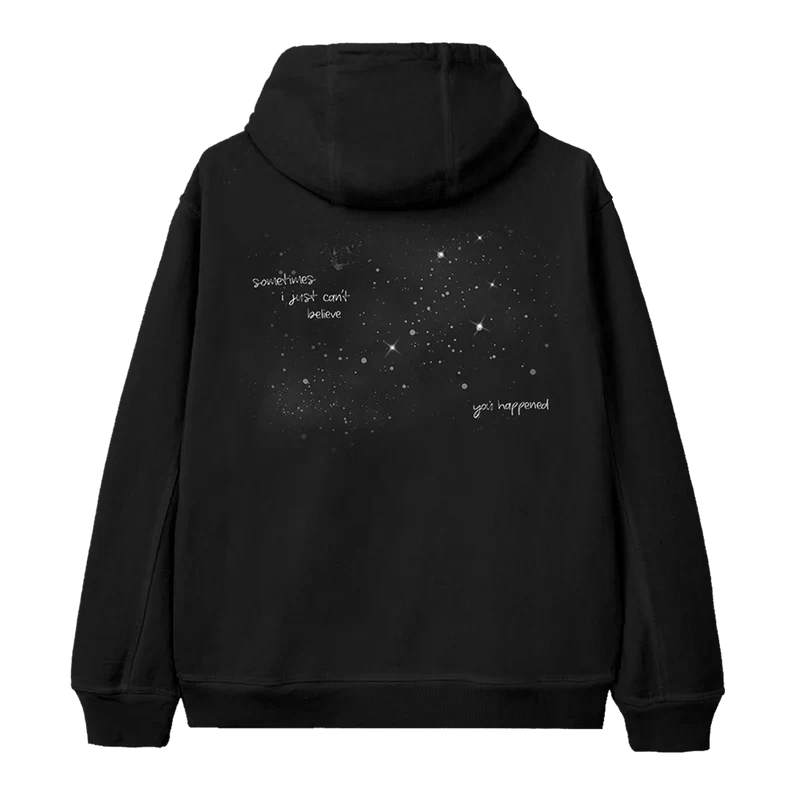 Back view of Ariana Grande Twilight Zone hoodie with dreamy constellation artwork and handwritten lyric design