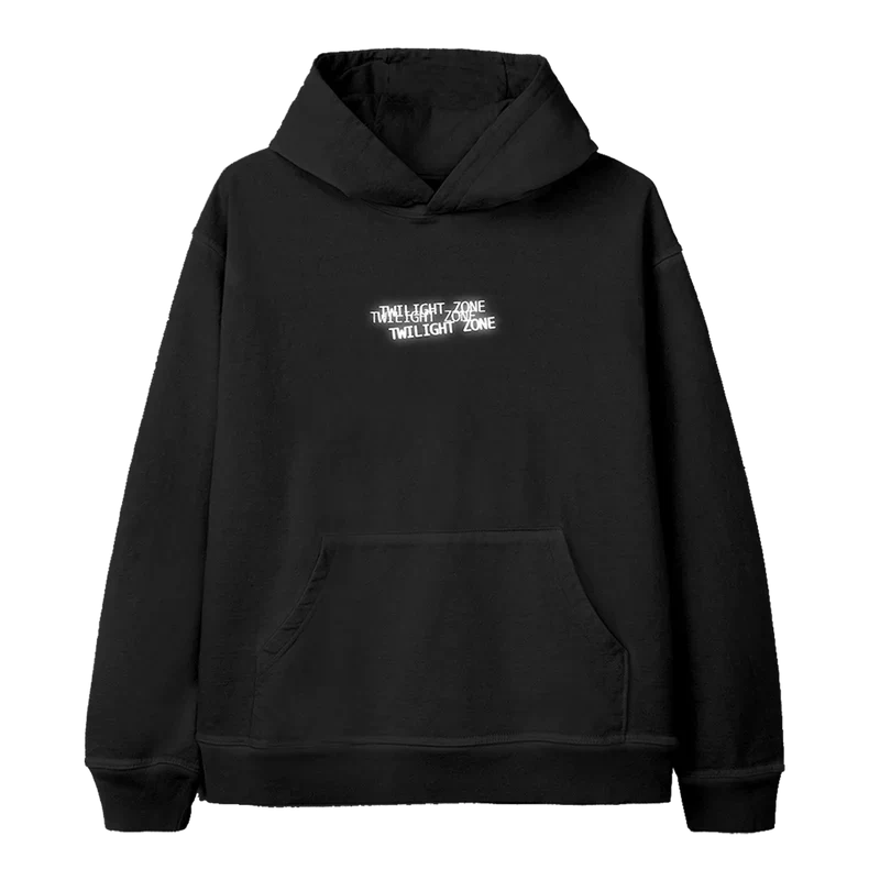 Black Ariana Grande Twilight Zone constellation hoodie front view with glowing minimalist chest graphic