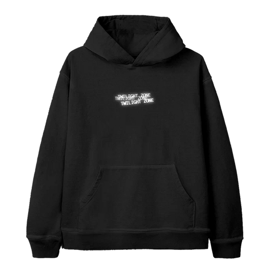 Black Ariana Grande Twilight Zone constellation hoodie front view with glowing minimalist chest graphic