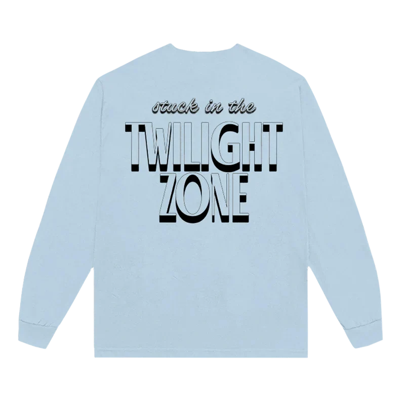 Back view of Ariana Grande Twilight Zone long sleeve featuring oversized retro typography graphic in black and white