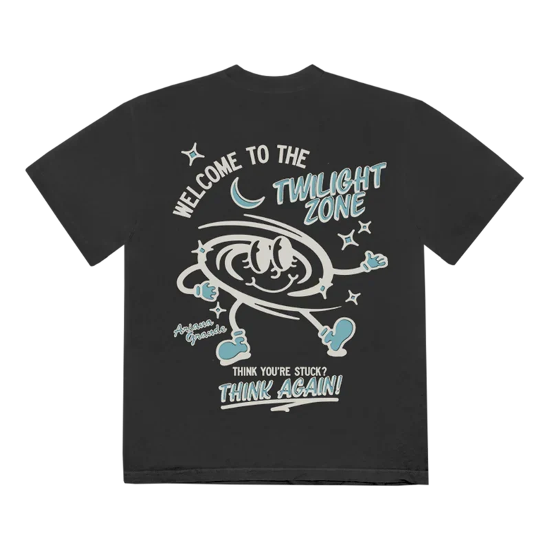 Back graphic Ariana Grande Twilight Zone T-shirt featuring cartoon spiral design with retro blue and white artwork and slogan print