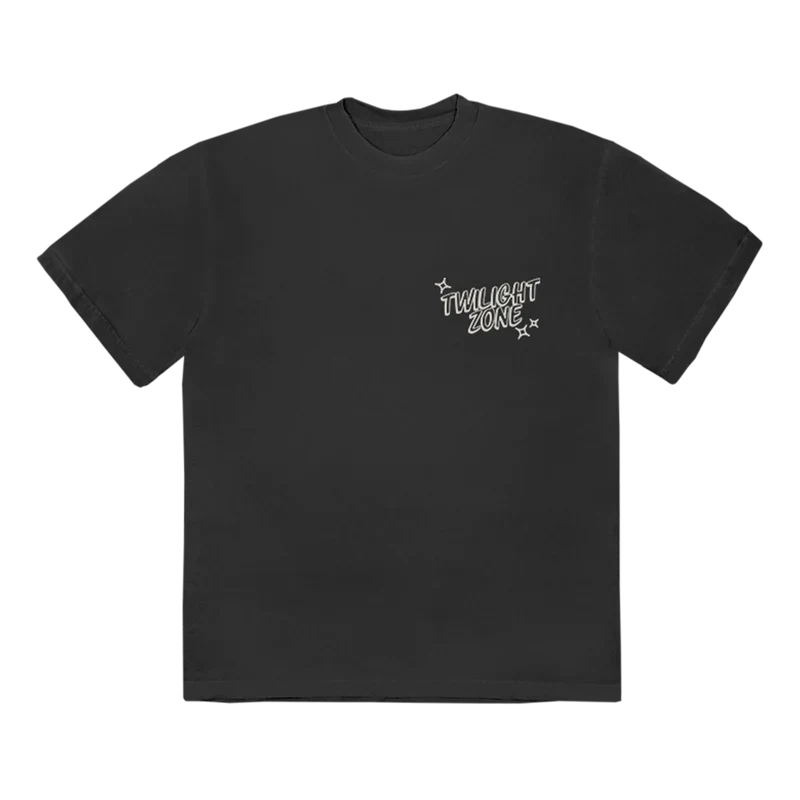 Black Ariana Grande Twilight Zone T-shirt with small retro logo graphic and oversized vintage streetwear fit