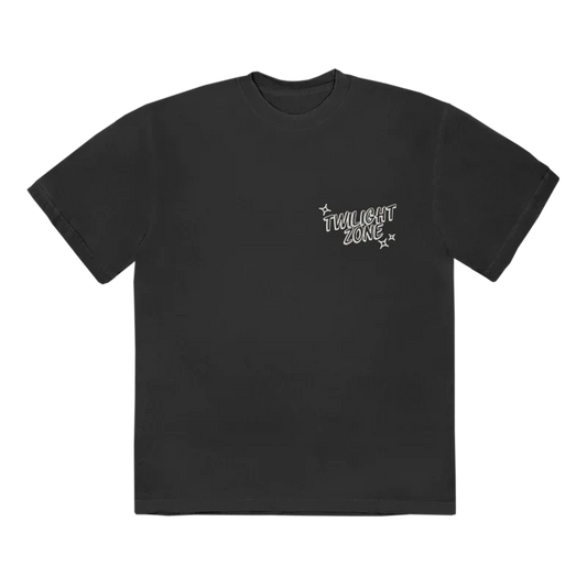 Black Ariana Grande Twilight Zone T-shirt with small retro logo graphic and oversized vintage streetwear fit