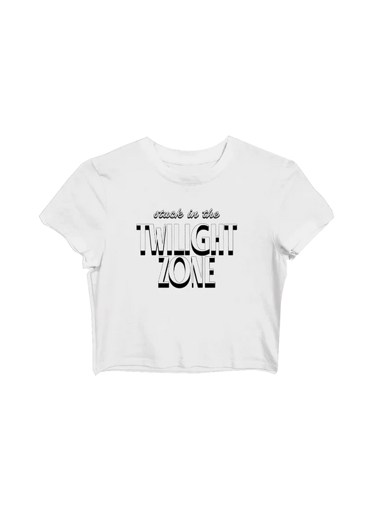 White Ariana Grande Twilight Zone baby t-shirt with vintage-inspired black graphic logo front view