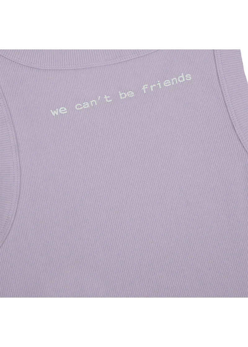 Ariana Grande we can't be friends ribbed tank top close-up with minimalist back text detail