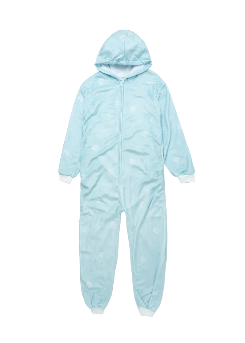 Light blue Ariana Grande Winter Things fleece onesie with hood and soft winter-inspired graphic front view