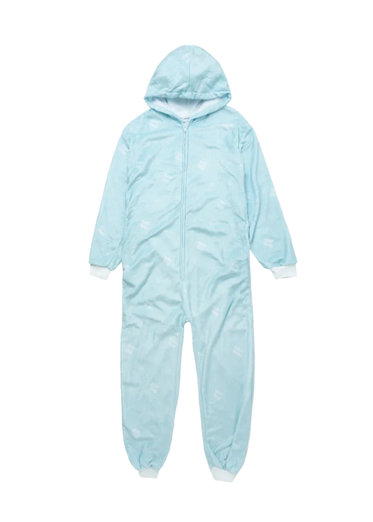 Light blue Ariana Grande Winter Things fleece onesie with hood and soft winter-inspired graphic front view