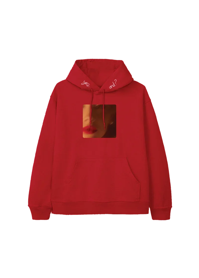 Red Ariana Grande yes and cover hoodie featuring blurred close-up album artwork and embroidered yes and text on hood