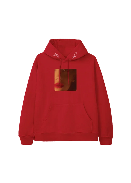 Red Ariana Grande yes and cover hoodie featuring blurred close-up album artwork and embroidered yes and text on hood