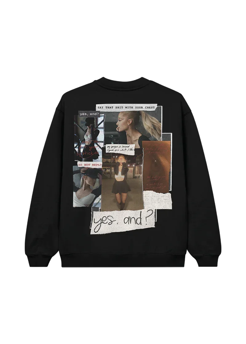 Back view of Ariana Grande yes and crewneck featuring yes and collage graphic with vintage photo and lyric-inspired design
