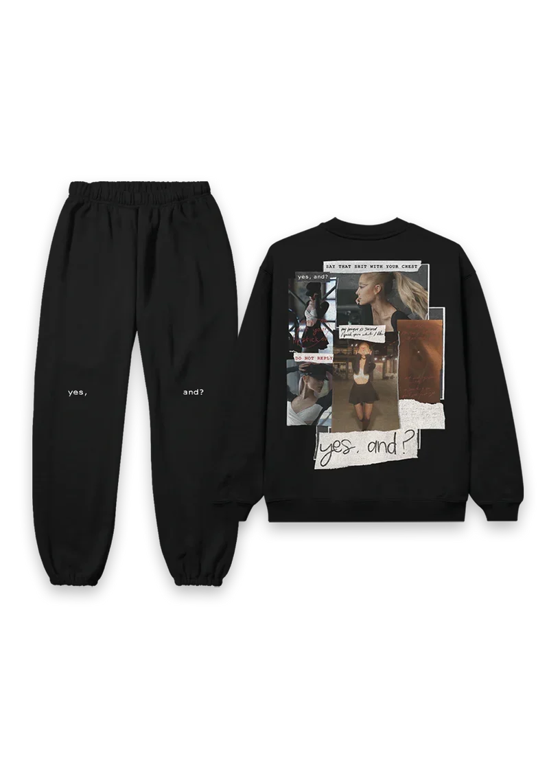 Back view of Ariana Grande yes and crewneck with collage graphic paired with matching black yes and sweatpants set