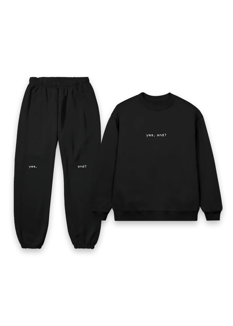 Black Ariana Grande yes and crewneck and sweatpants set with minimalist yes and matching lounge streetwear design