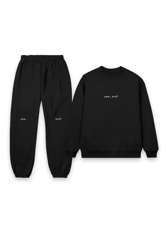 Black Ariana Grande yes and crewneck and sweatpants set with minimalist yes and matching lounge streetwear design