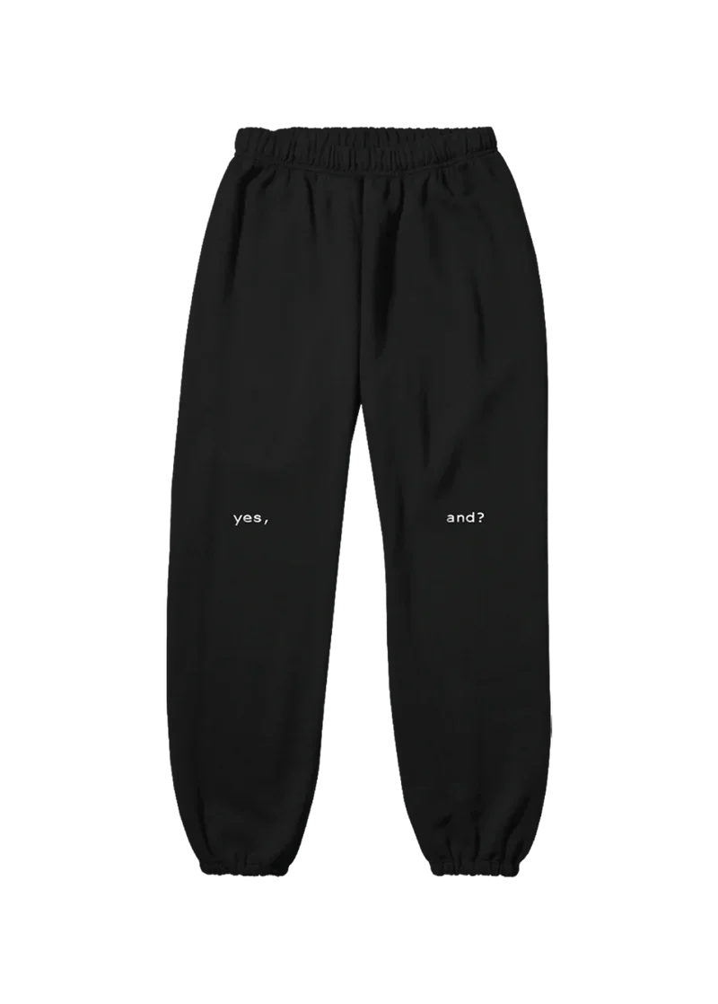Black Ariana Grande yes and sweatpants front view with minimalist yes and lyric text graphic design