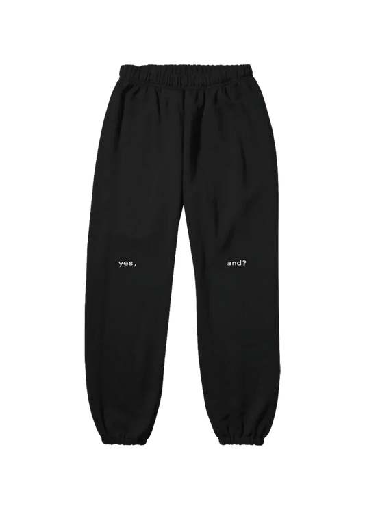 Black Ariana Grande yes and sweatpants front view with minimalist yes and lyric text graphic design