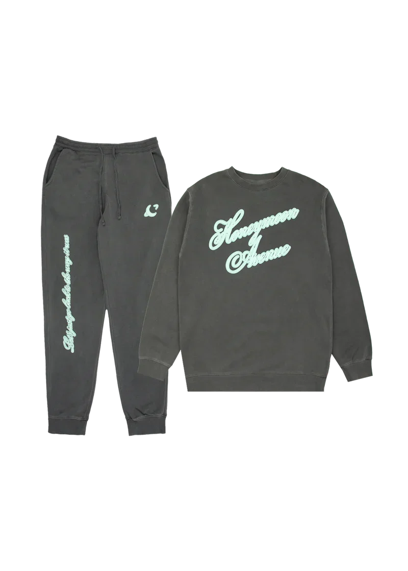 Ariana Grande Yours Truly 10th anniversary charcoal crewneck and sweatpants set with mint script graphics