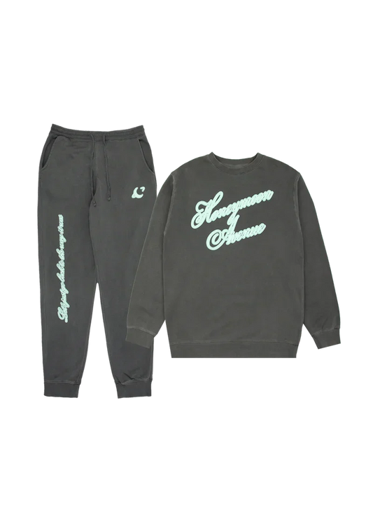 Ariana Grande Yours Truly 10th anniversary charcoal crewneck and sweatpants set with mint script graphics