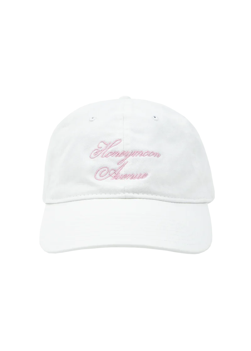 White Ariana Grande Honeymoon Avenue dad hat with soft pink embroidered script and adjustable classic cap fit