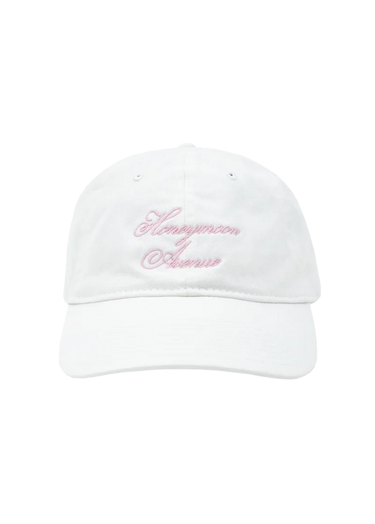 White Ariana Grande Honeymoon Avenue dad hat with soft pink embroidered script and adjustable classic cap fit