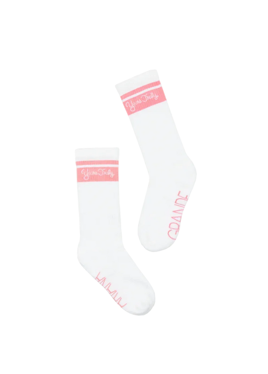 White Ariana Grande Yours Truly 10th anniversary socks with pink stripe detailing and soft retro-inspired knit design