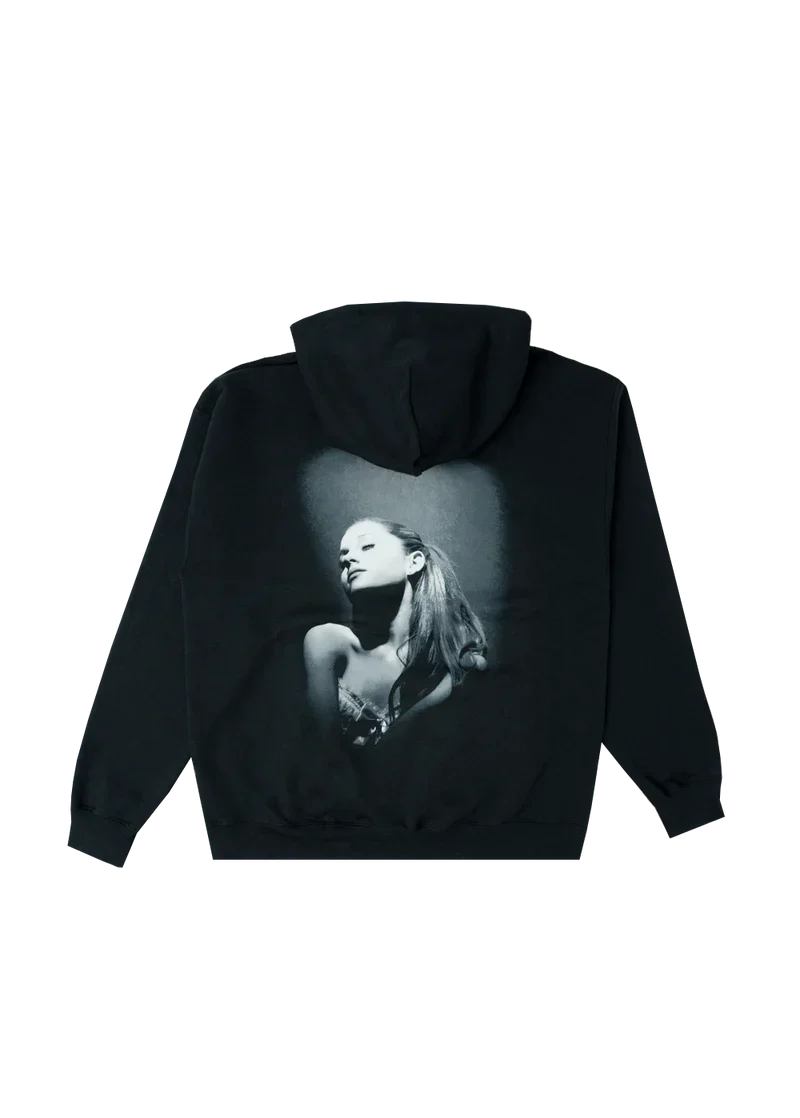 Back view of Ariana Grande Yours Truly hoodie featuring iconic black and white album cover artwork