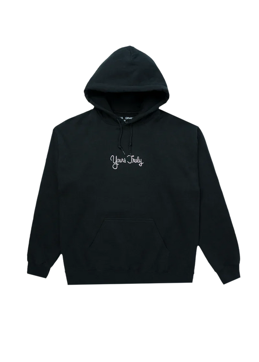 Black Ariana Grande Yours Truly hoodie front view with minimalist embroidered logo and relaxed fit