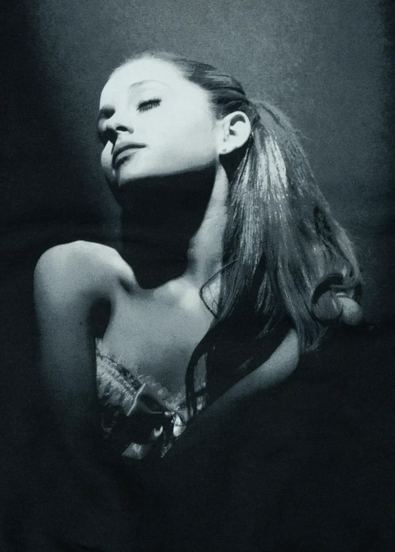 Closeup detail of Ariana Grande Yours Truly monochrome portrait graphic inspired by debut album cover