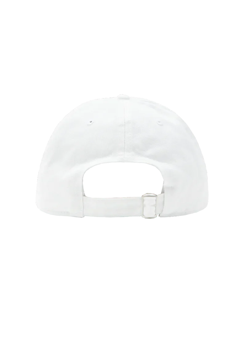 Back view of Ariana Grande Yours Truly white dad hat with adjustable strap and minimalist anniversary design