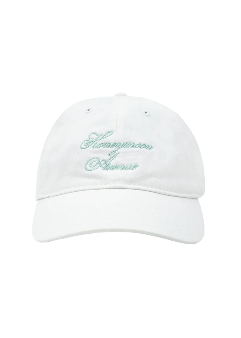 White Ariana Grande Yours Truly Honeymoon Avenue dad hat with pastel blue embroidered script logo front view